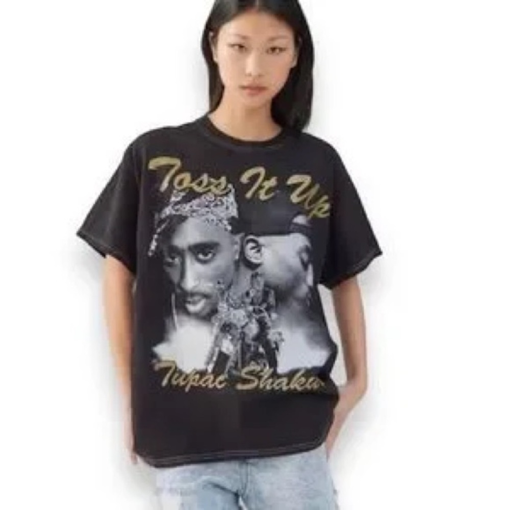 Black 2PAC Graphic T-Shirt with Gold and White Print